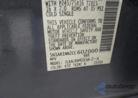 2012 Nissan Pathfinder S z USA, uszkodzony, nr VIN 5N1AR1NN2CC602000